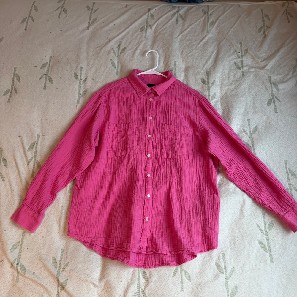 Hot Pink Double Knit Crinkle Gauze Cotton Button Down Shirt Long Sleeve Large